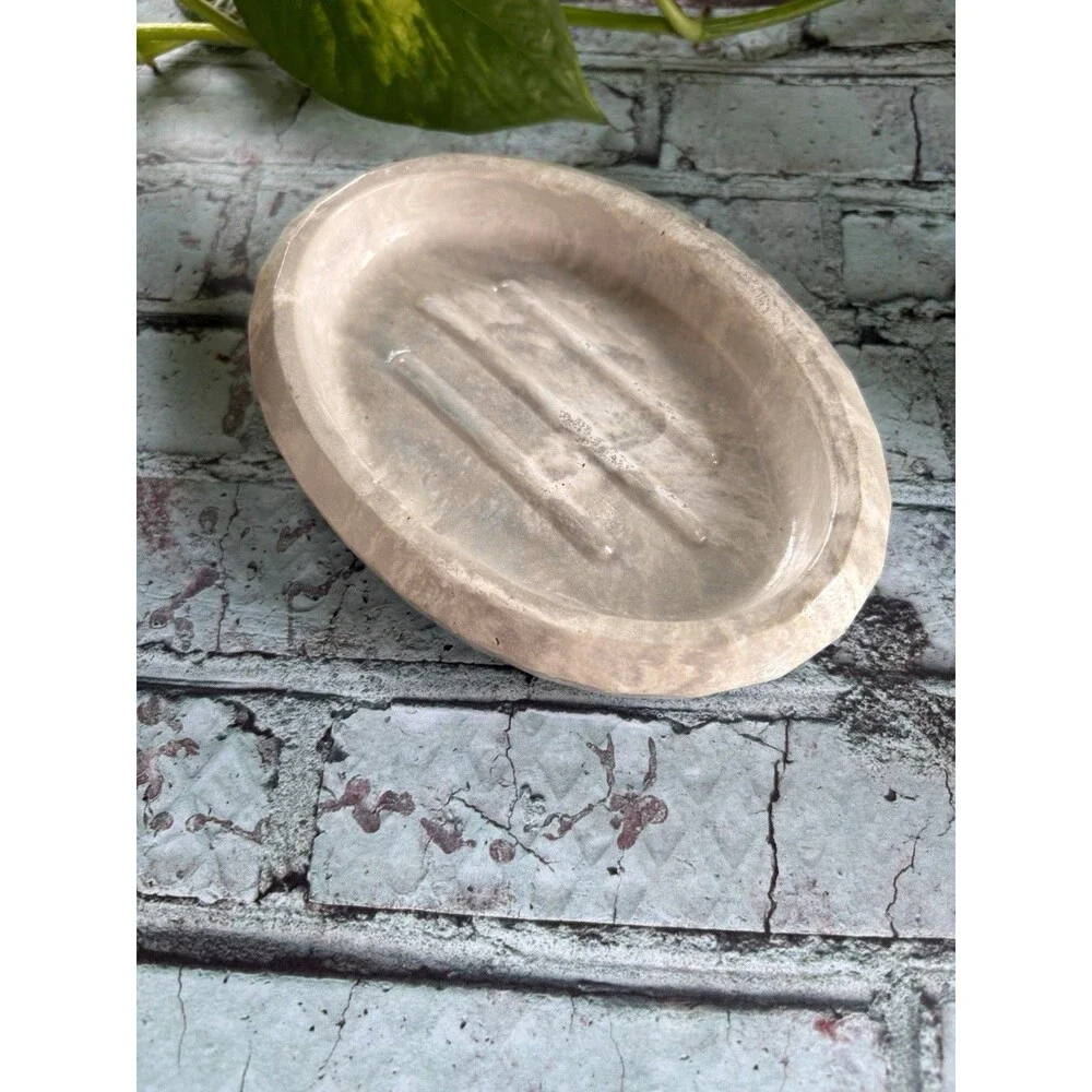Handmade Soap Dish Cement Soap Holder Oval Bathroom Kitchen Marbled White